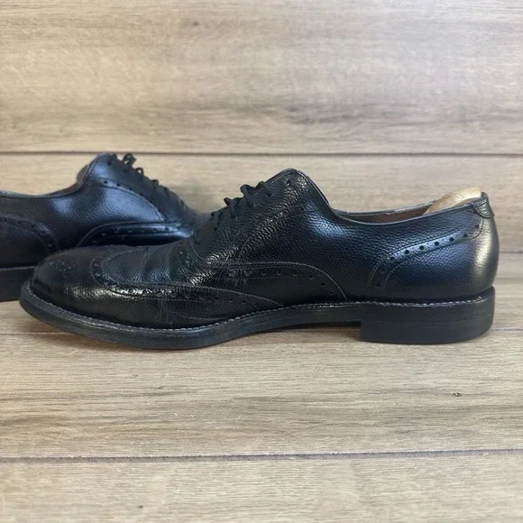 Vintage 70s Allen Edmonds Harwood Wingtip Oxford Black Pebbled Calf Shoes Sz 10A
